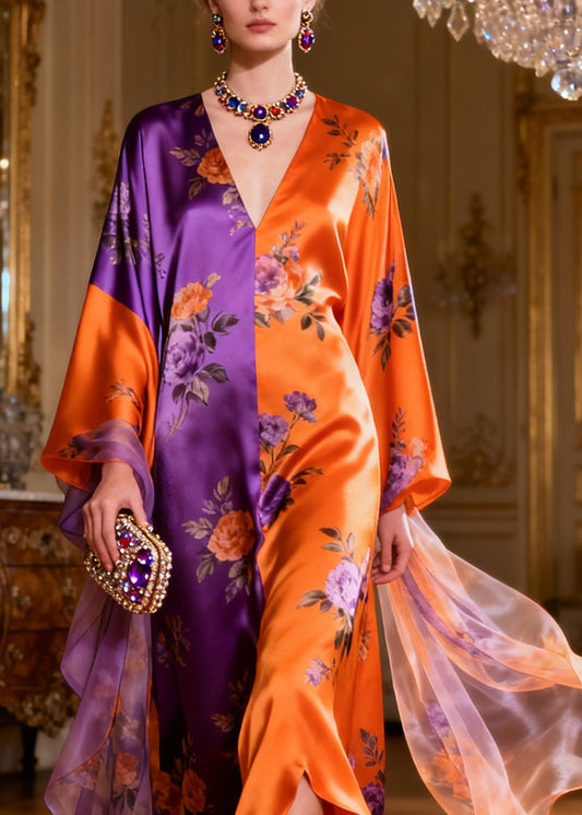 Classy Pink V Neck Print Patchwork Silk Long Dress Summer