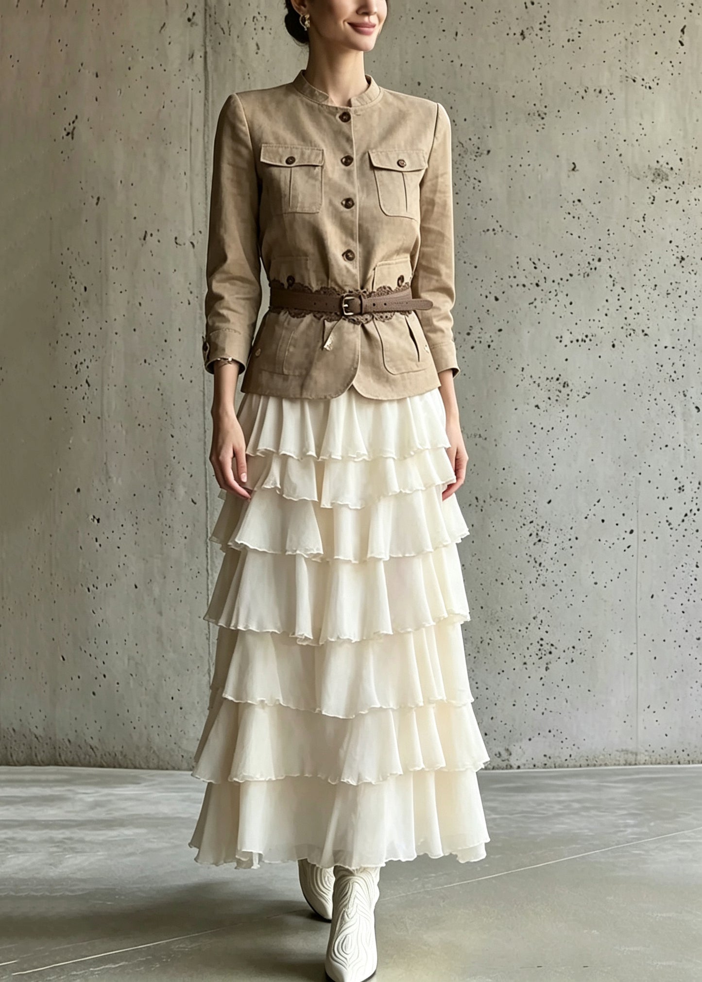 Classy Pockets Patchwork Coats And Maxi Skirts Two Piece Set Long Sleeve