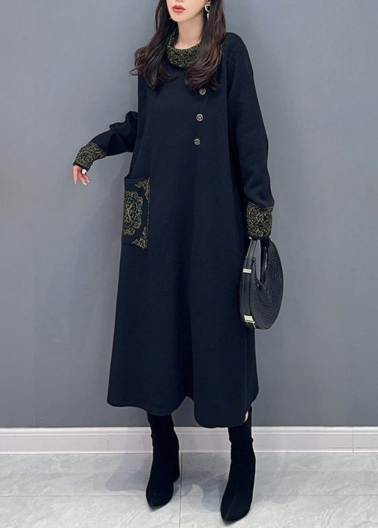 Classy Purple Hign Neck Pockets Patchwork Knit Long Dresses Fall