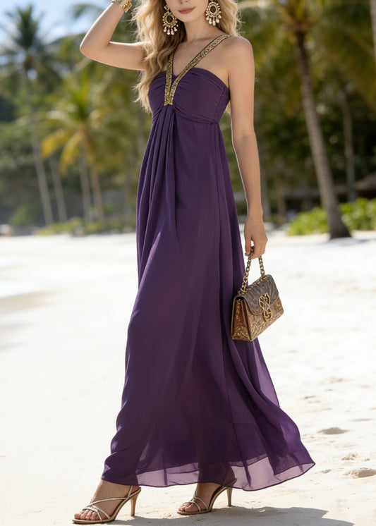 Classy Purple Patchwork Chiffon Spaghetti Strap Dress Summer