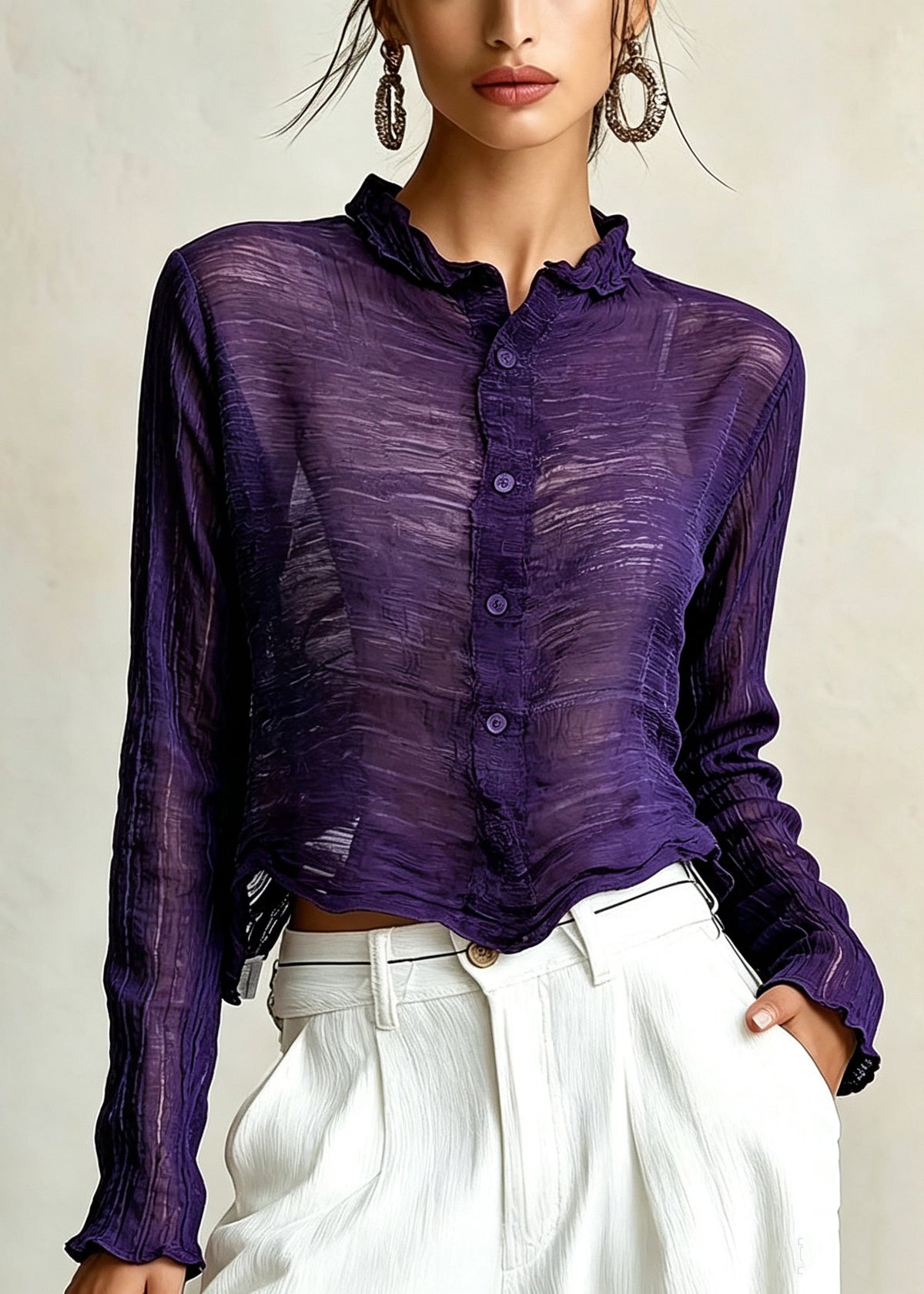 Classy Purple Ruffled Wrinkled Button Cotton Shirt Top Fall