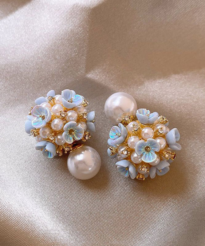Classy Rainbow Copper Overgild Floral Pearl Stud Earrings