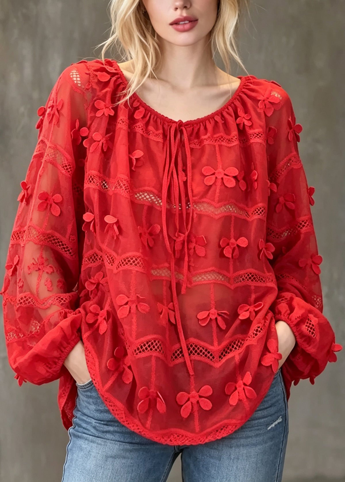Classy Red Embroidered Hollow Out Patchwork Cotton Top Lantern Sleeve