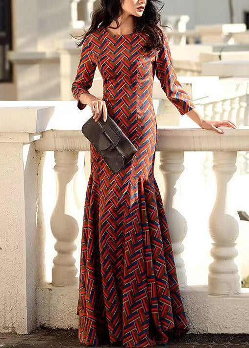 Classy Red O Neck Print Patchwork Corduroy Dress Fall