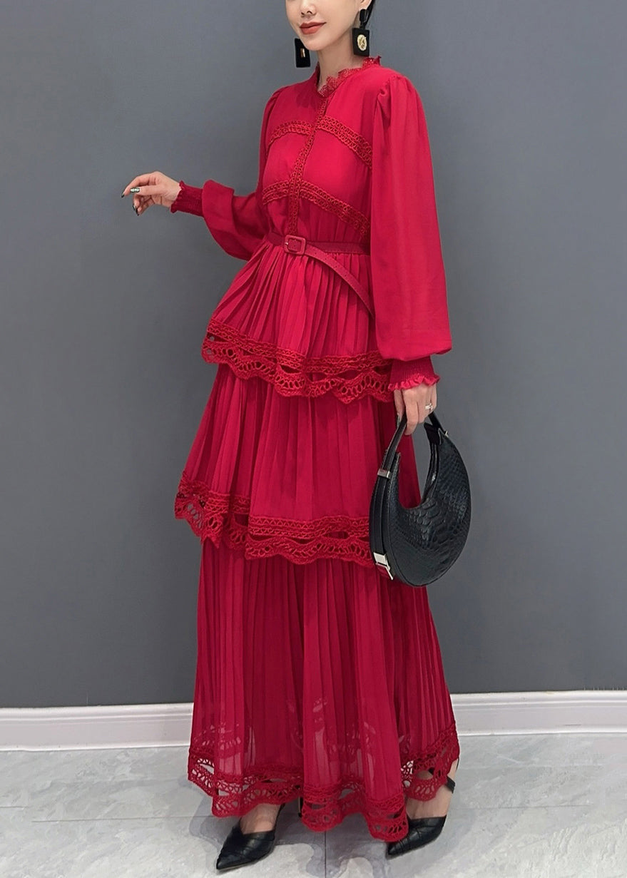 Classy Red Sashes Patchwork Chiffon Dress Long Sleeve