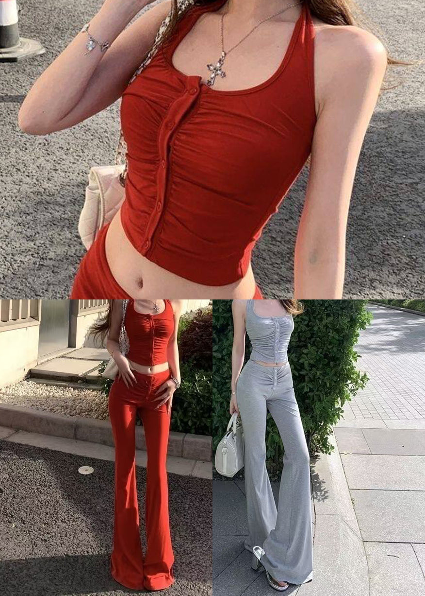 Classy Red U Neck Wrinkled Cotton Women Sets 2 Pieces Summer
