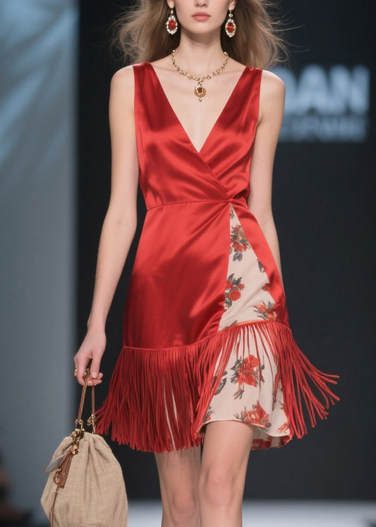 Classy Red V Neck Tassel Patchwork Silk Mid Dress Summer