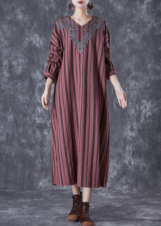 Classy Rust Red Embroideried Striped Linen Vacation Dresses Fall