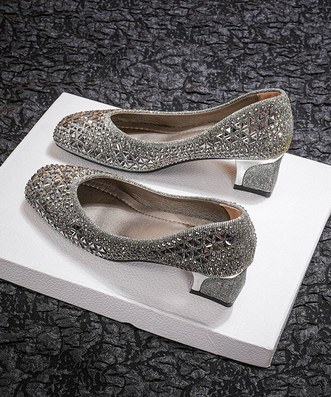 Classy Silver Zircon Chunky High Heels Faux Leather