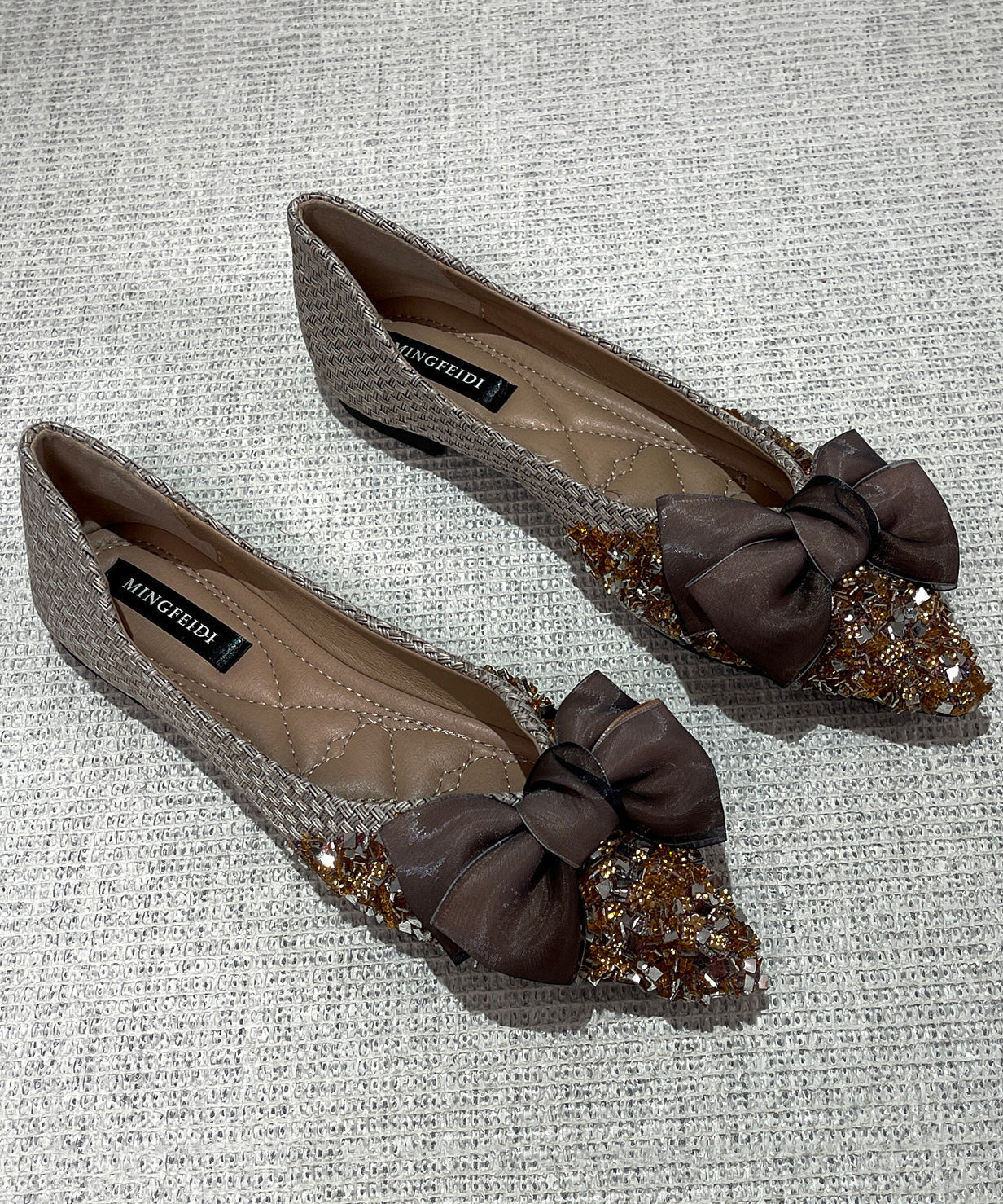 Classy Splicing Bow Pointed Toe Flats Apricot Sheepskin