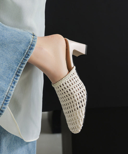 Classy Splicing Chunky Heel Grey Weave Slide Sandals