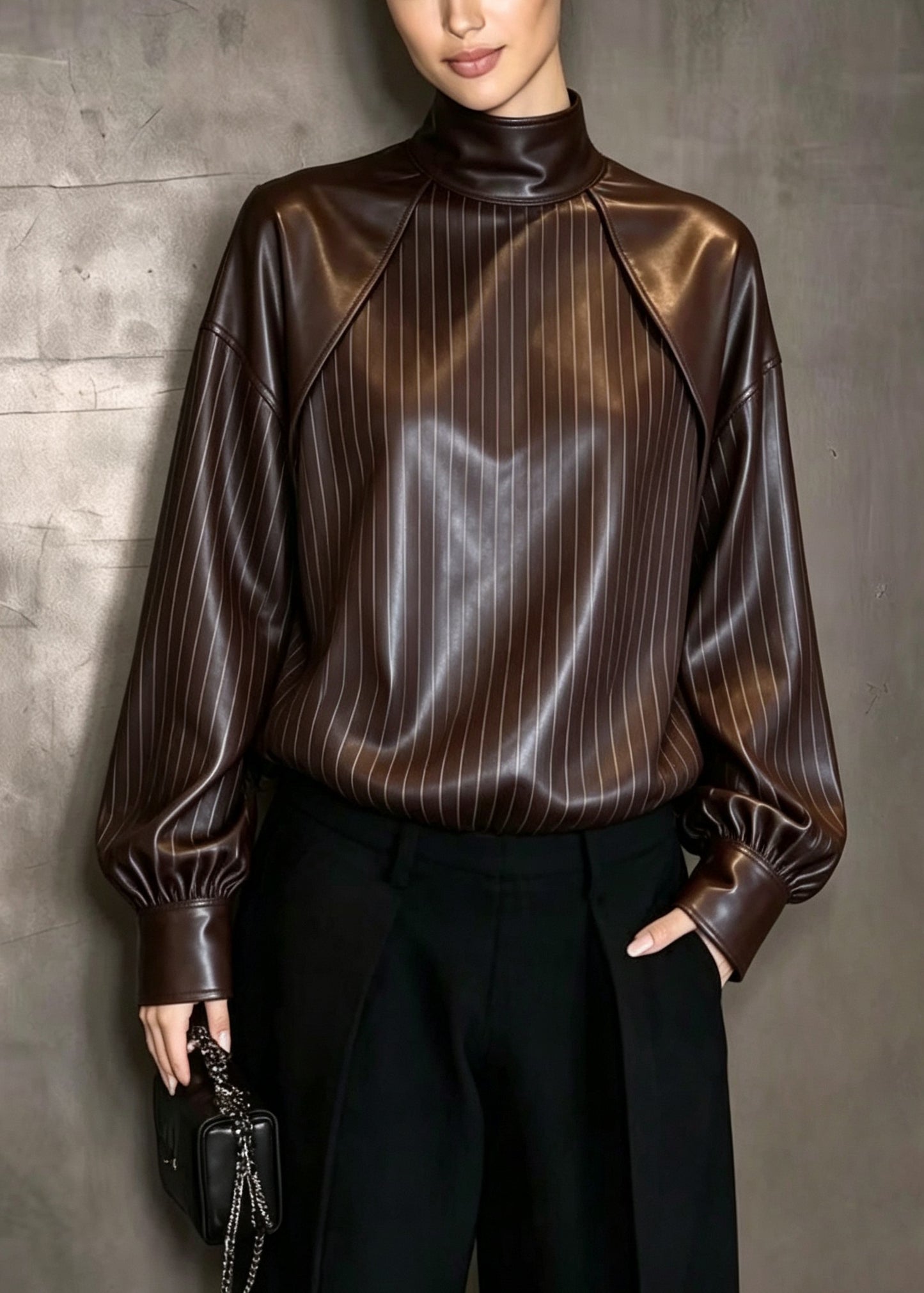 Classy Stand Collar Patchwork Faux Leather Top Fall