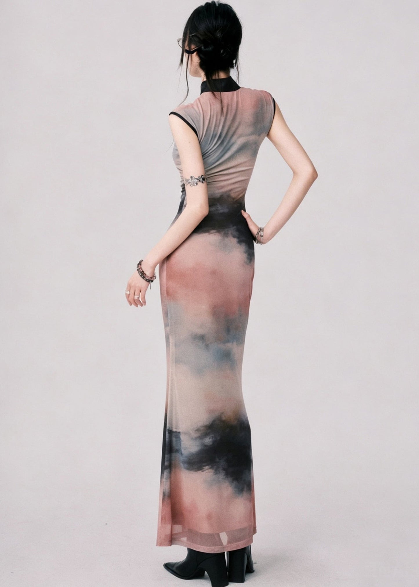 Classy Stand Collar Tie Dye Long Dress Sleeveless