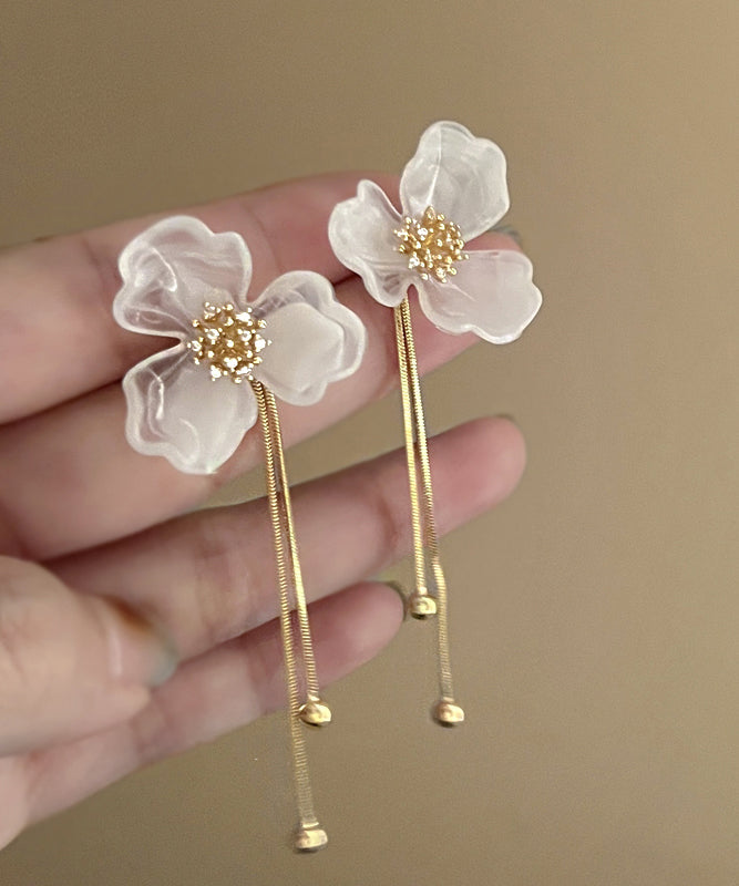 Classy White Acrylic Alloy Floral Tassel Drop Earrings