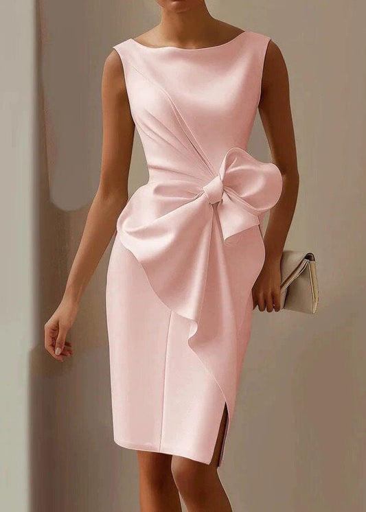 Classy White Bow Wrinkled Side Open Vacation Dress Sleeveless