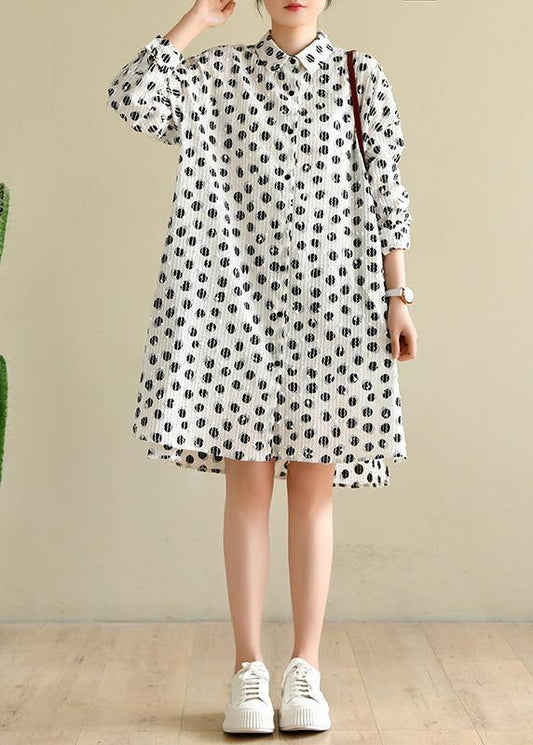 Classy White Dot Cotton Dress Button Spring Dresses - SooLinen