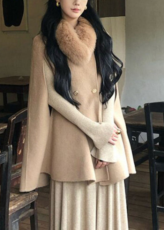 Classy White Fur Collar Patchwork Button Woolen Coat Fall