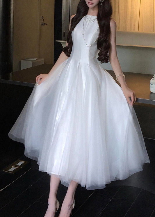 Classy White O-Neck Patchwork Tulle Long Dress Summer