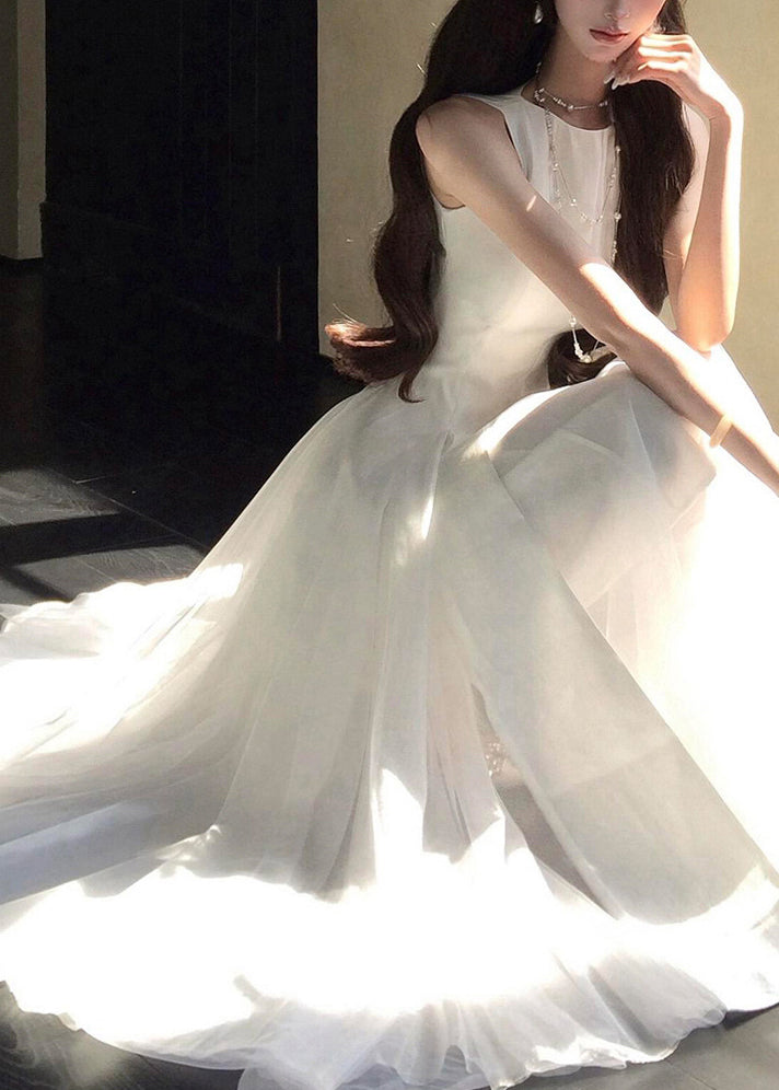 Classy White O-Neck Patchwork Tulle Long Dress Summer