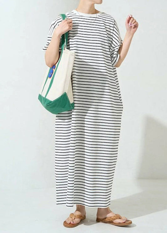 Classy White Oversized Striped Cotton Maxi Dress Summer