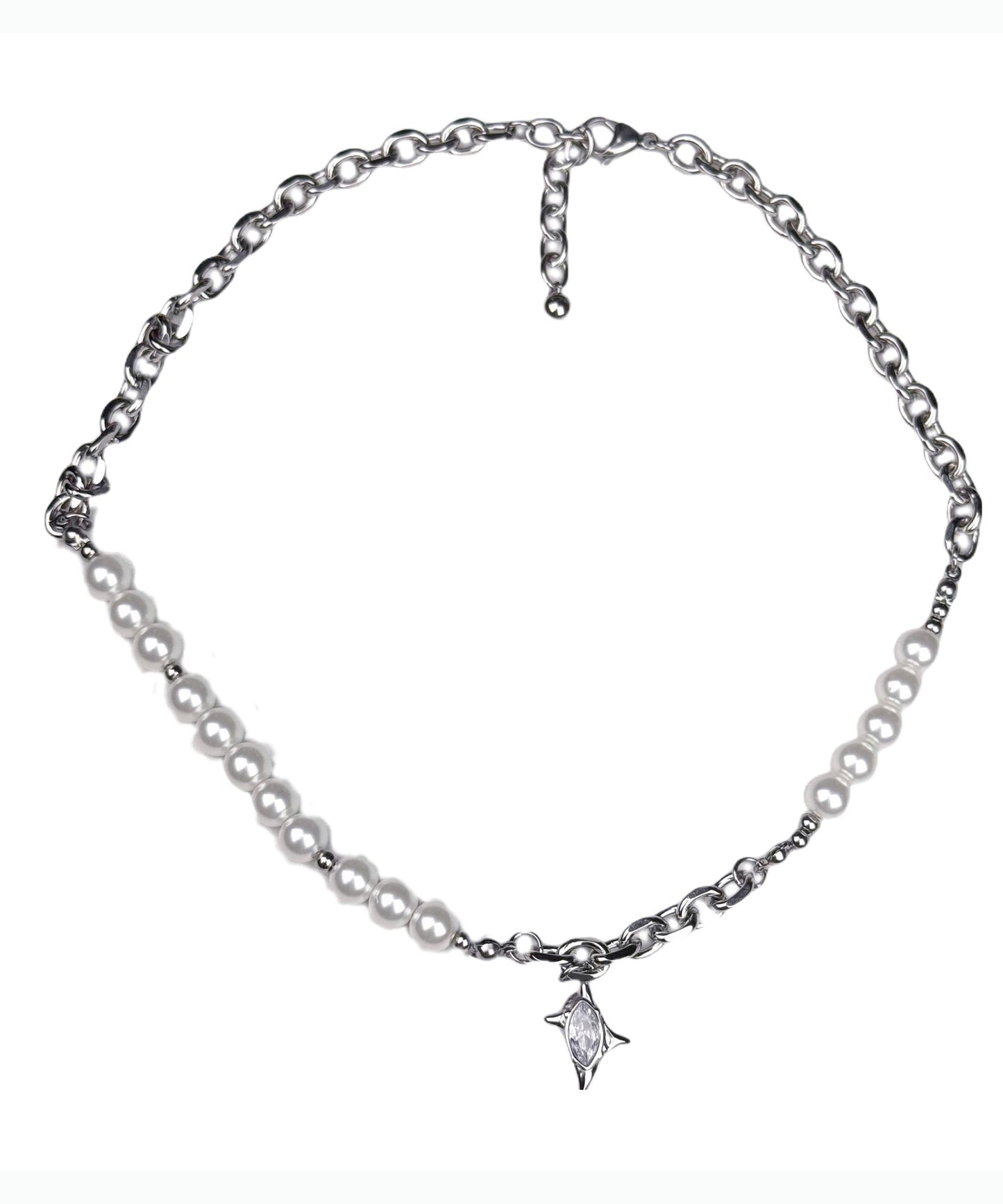 Classy White Pearl Patchwork Tungsten Steel Zircon Pendant Choker