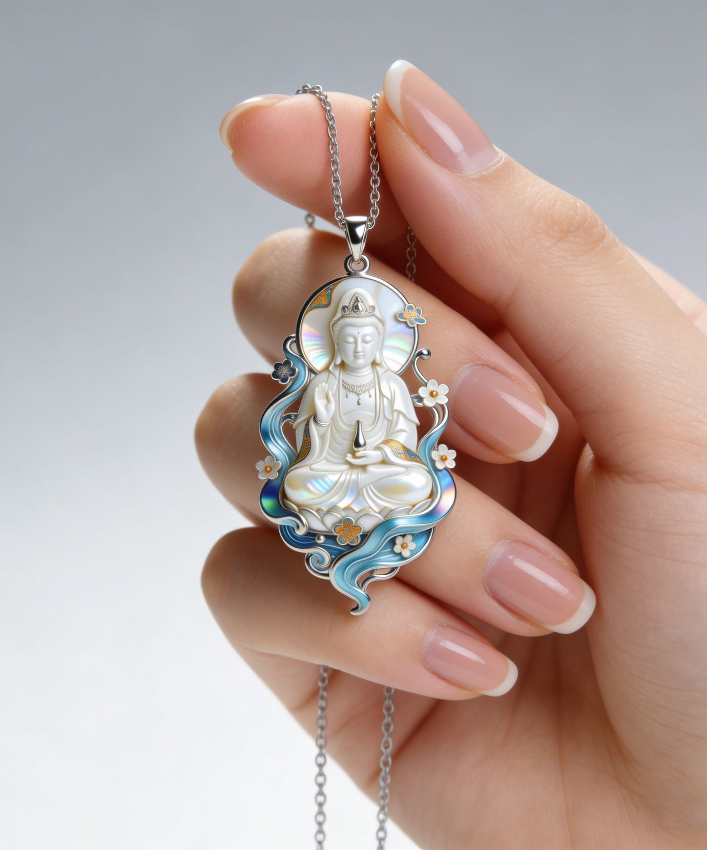 Classy White Stainless Steel Enamel Guanyin Pendant Necklace