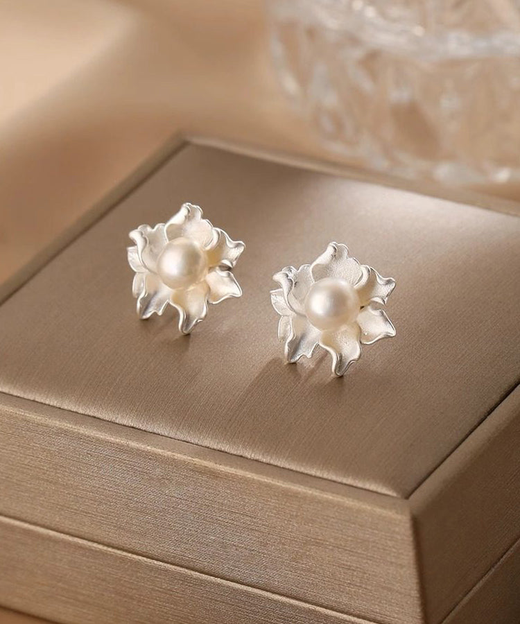Classy White Sterling Silver Pearl Dripping Glaze Floral Stud Earrings