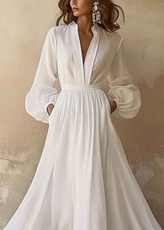 Classy White V Neck Wrinkled Patchwork Solid Long Dresses Lantern Sleeve