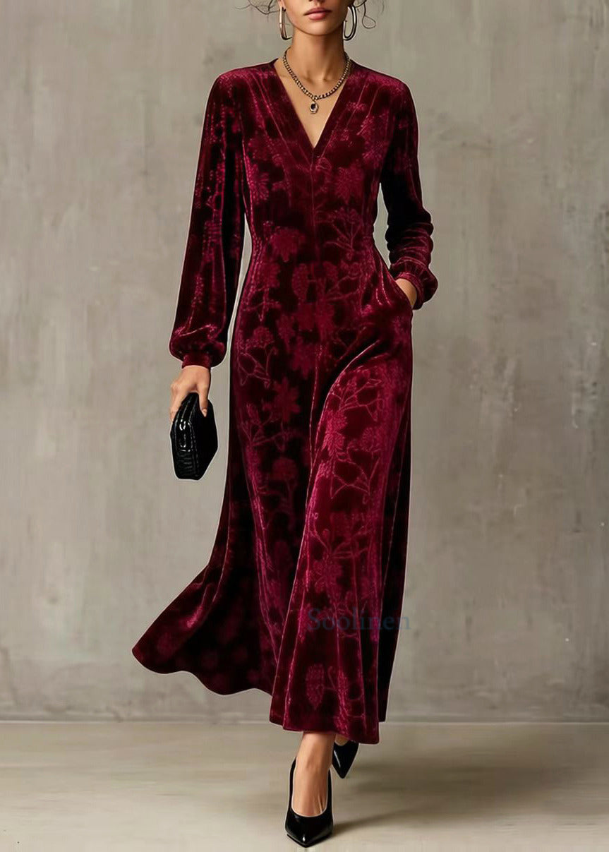 Classy Wine Red V Neck Jacquard Silk Velour Long Dresses Fall