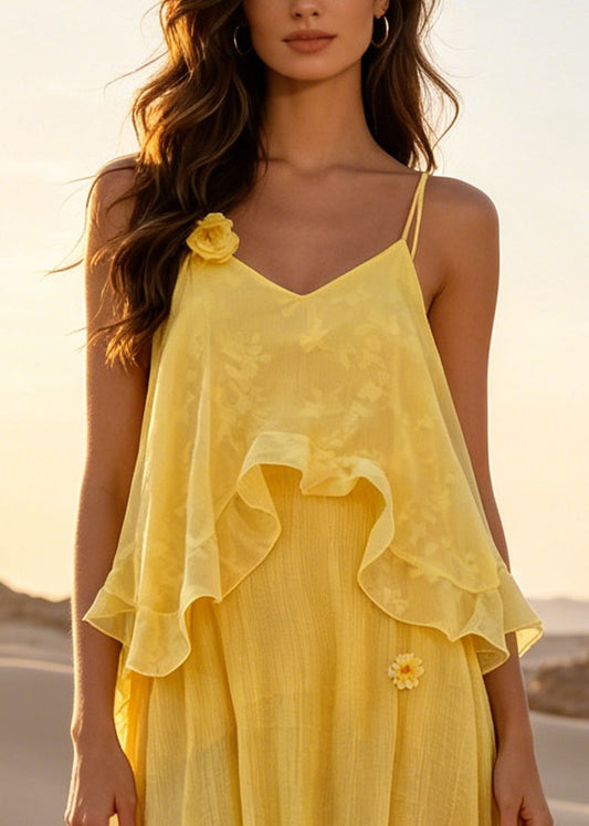 Classy Yellow Ruffled Floral Cotton Beach Dresses Summer