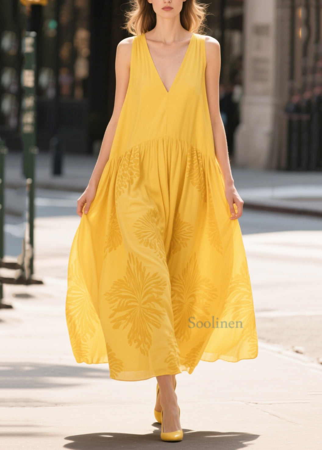 Classy Yellow V Neck Jacquard Cotton Dresses Summer