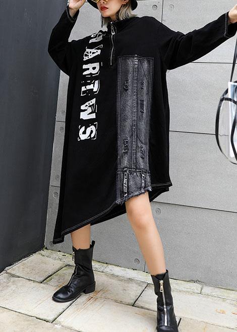 Classy black stand collar zippered cotton dress asymmetric Maxi fall Dresses - SooLinen