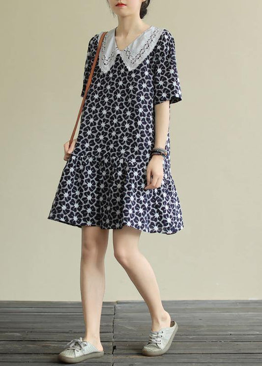 Classy navy print Cotton patchwork short sleeve baggy Dresses - SooLinen
