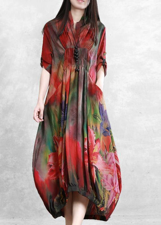 Classy red print dress v neck Cinched long summer Dresses - SooLinen