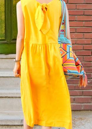 Classy sleeveless Bow cotton clothes For Women Wardrobes yellow Dresses - SooLinen