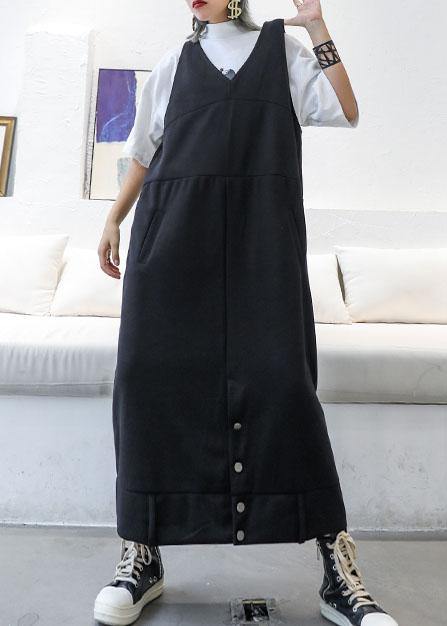 Classy sleeveless cotton dresses Tutorials black v neck long Dresses fall - SooLinen