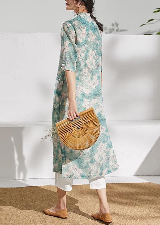 Classy stand collar half sleeve linen summer dresses Outfits green print Dress - SooLinen