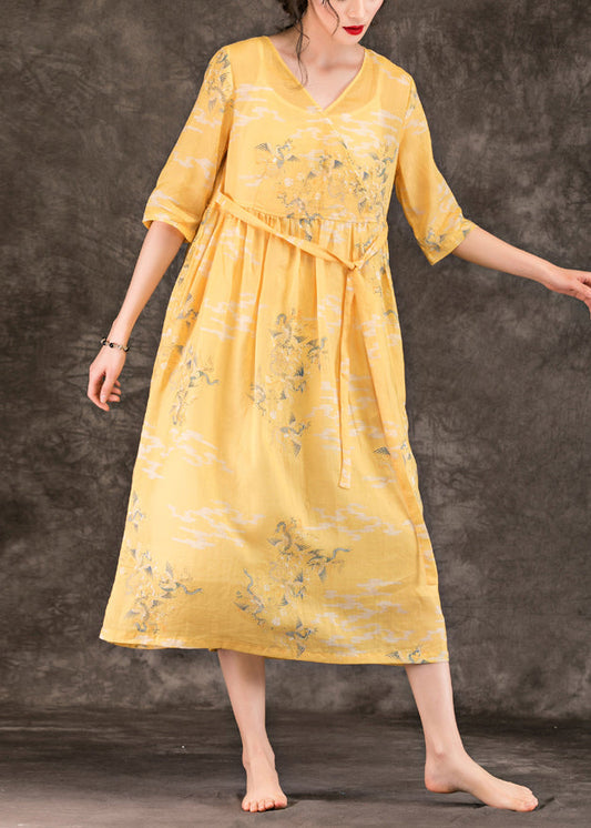 Classy v neck pockets linen dresses 2025 Work Outfits yellow print Maxi Dress Summer