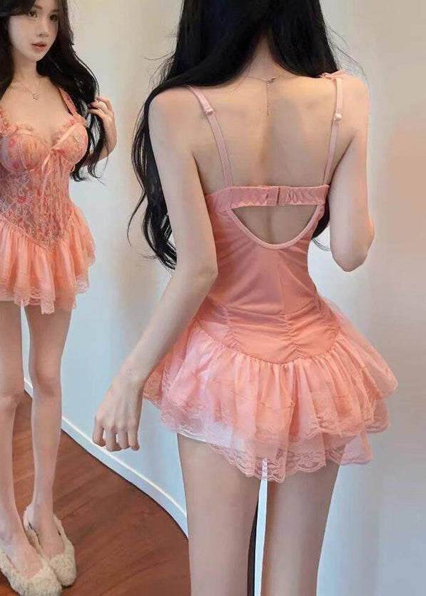 Club Pink V-Neck Lace Slips Lingerie Sets