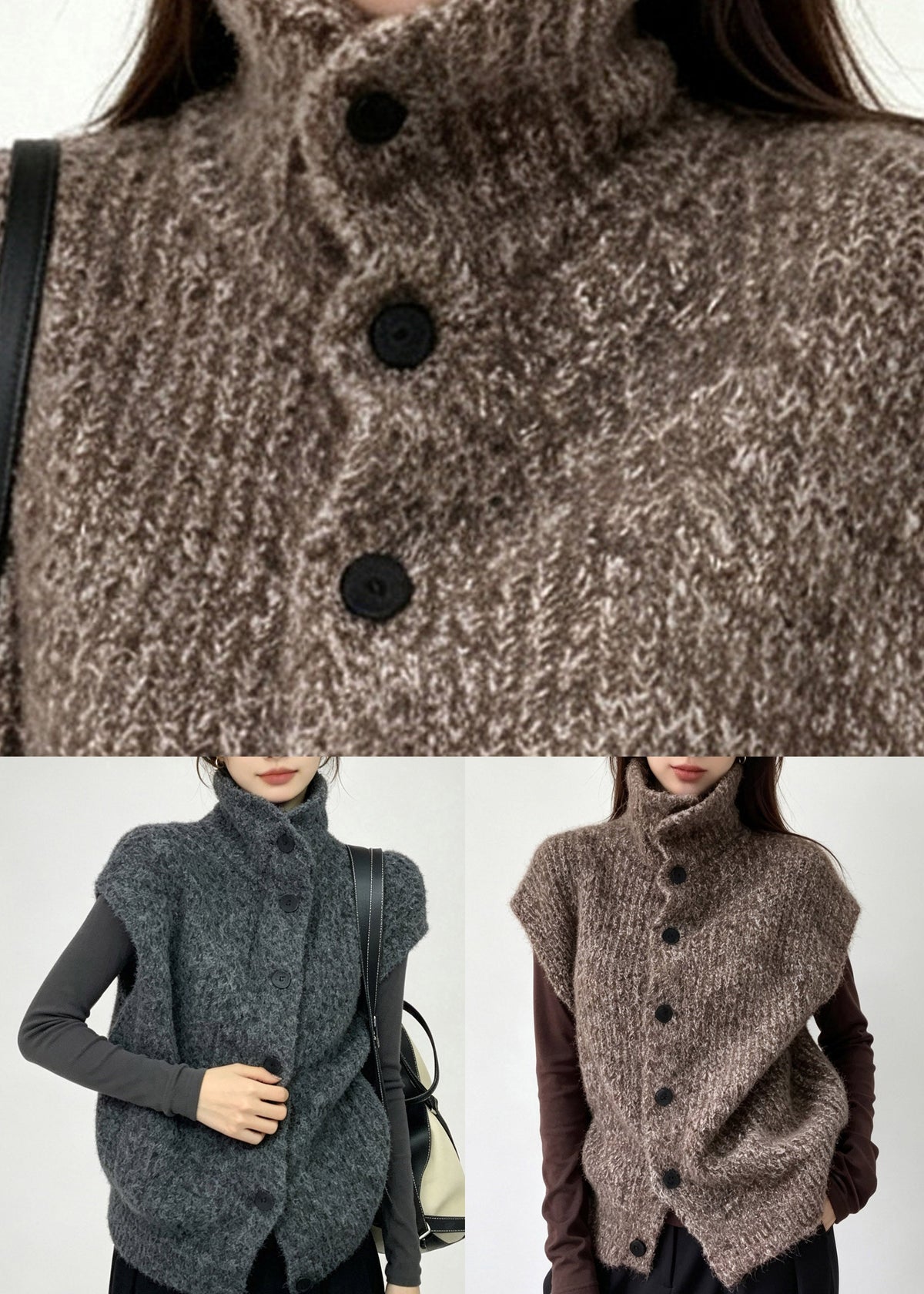 Coffe Button Cozy Cotton Knit Waistcoat Short Sleeve