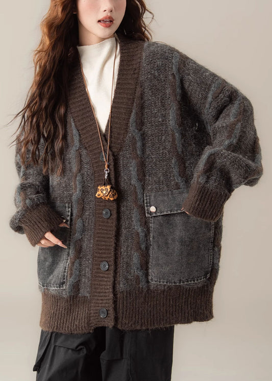 Coffee Button Pockets Patchwork Oversized Knit Coat V Neck