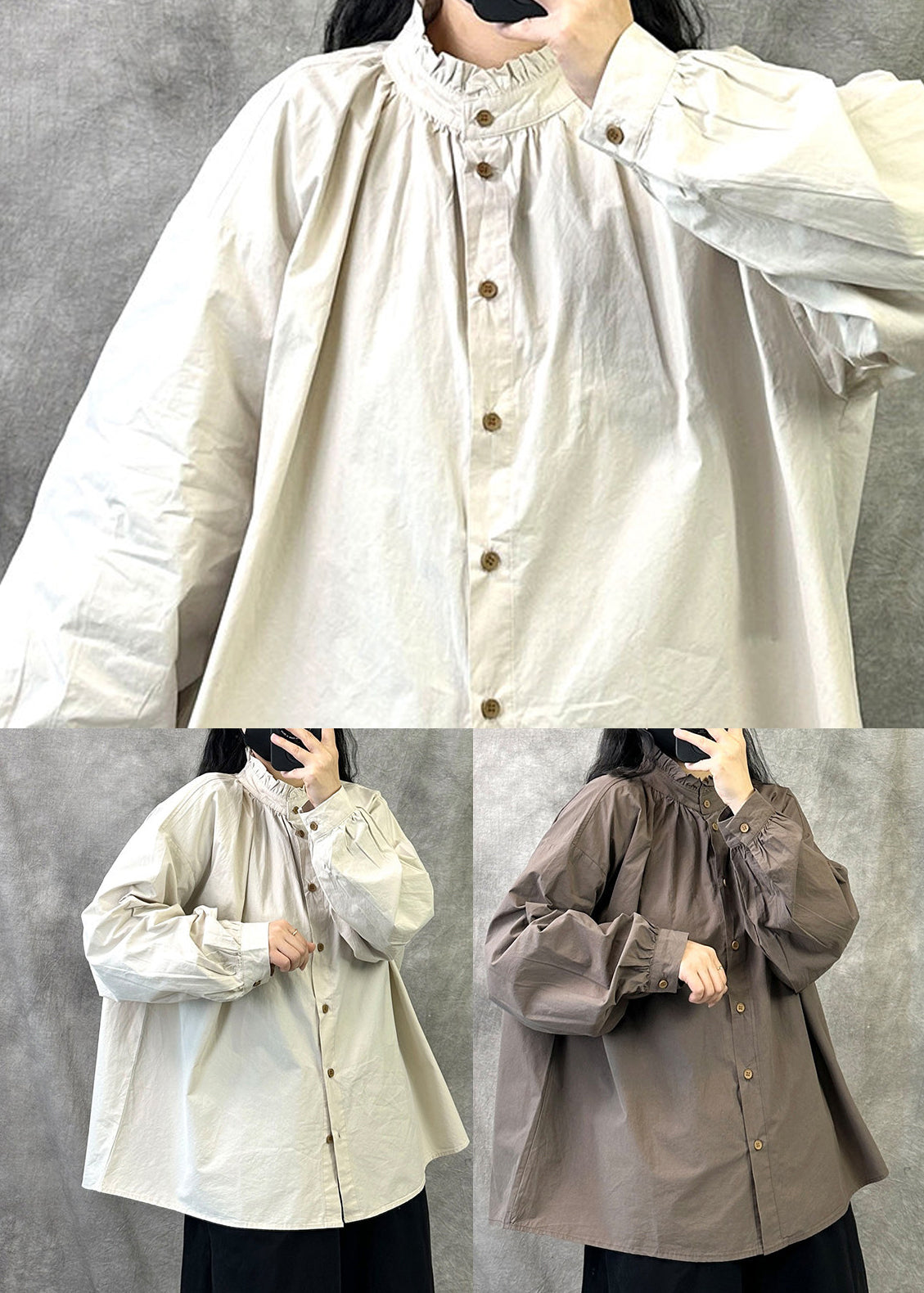 Coffee Casual Cotton Shirt Tops Ruffled Button Fall