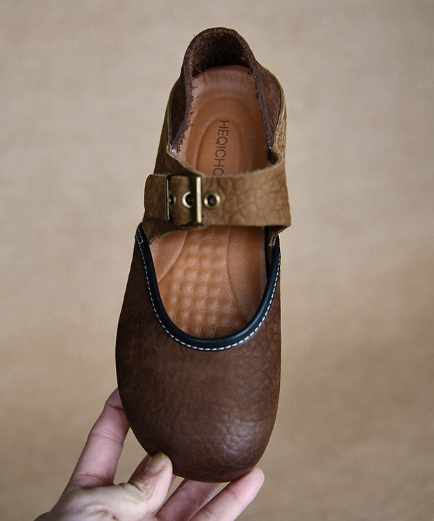 Coffee Cowhide Leather Women Splicing Flat Shoes