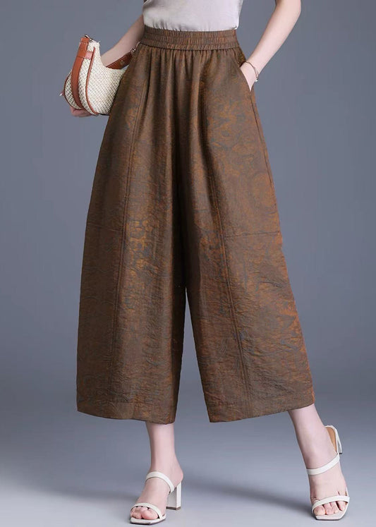 Coffee Jacquard High Waist Wide Leg Crop Pants Summer