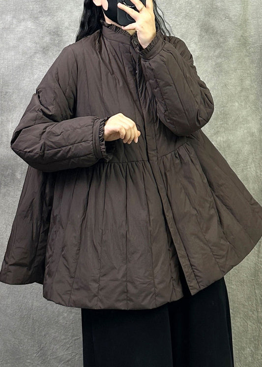 Coffee Patchwork Chic Duck Down Jackets Stand Collar Ruffled Winter