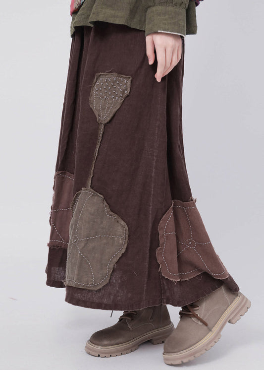 Coffee Patchwork Elastic Waist Linen Maxi Skirt