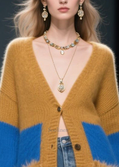 Coffee Patchwork Faux Fur Knit Cardigans Oversized Winter