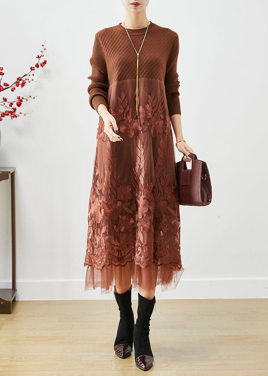 Coffee Patchwork Knit Holiday Dresses Embroideried Fall
