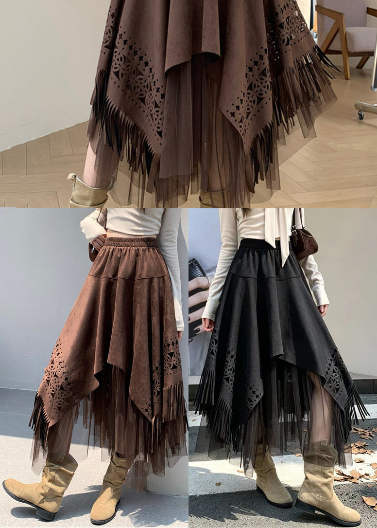 Coffee Patchwork Tulle Skirt Asymmetrical Tassel Hollow Out Fall