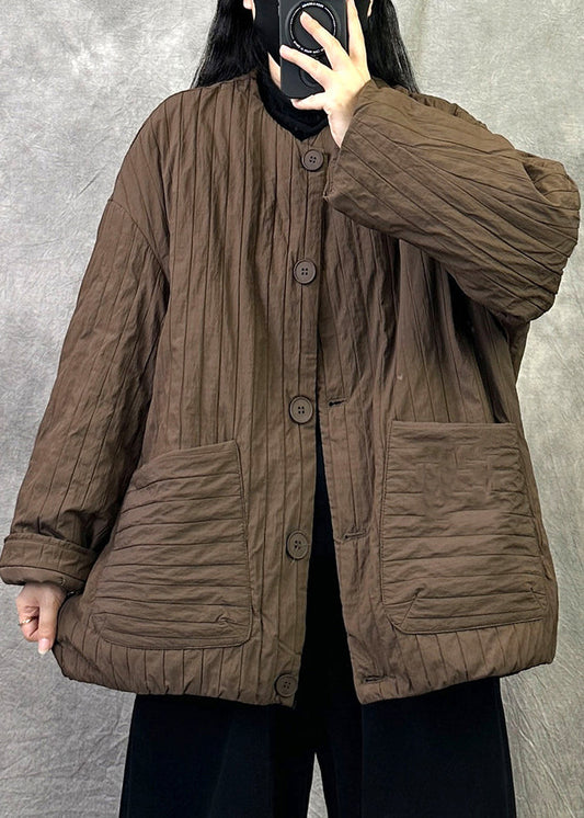 Coffee Pockets Fine Cotton Filled Jacket O Neck Button Winter